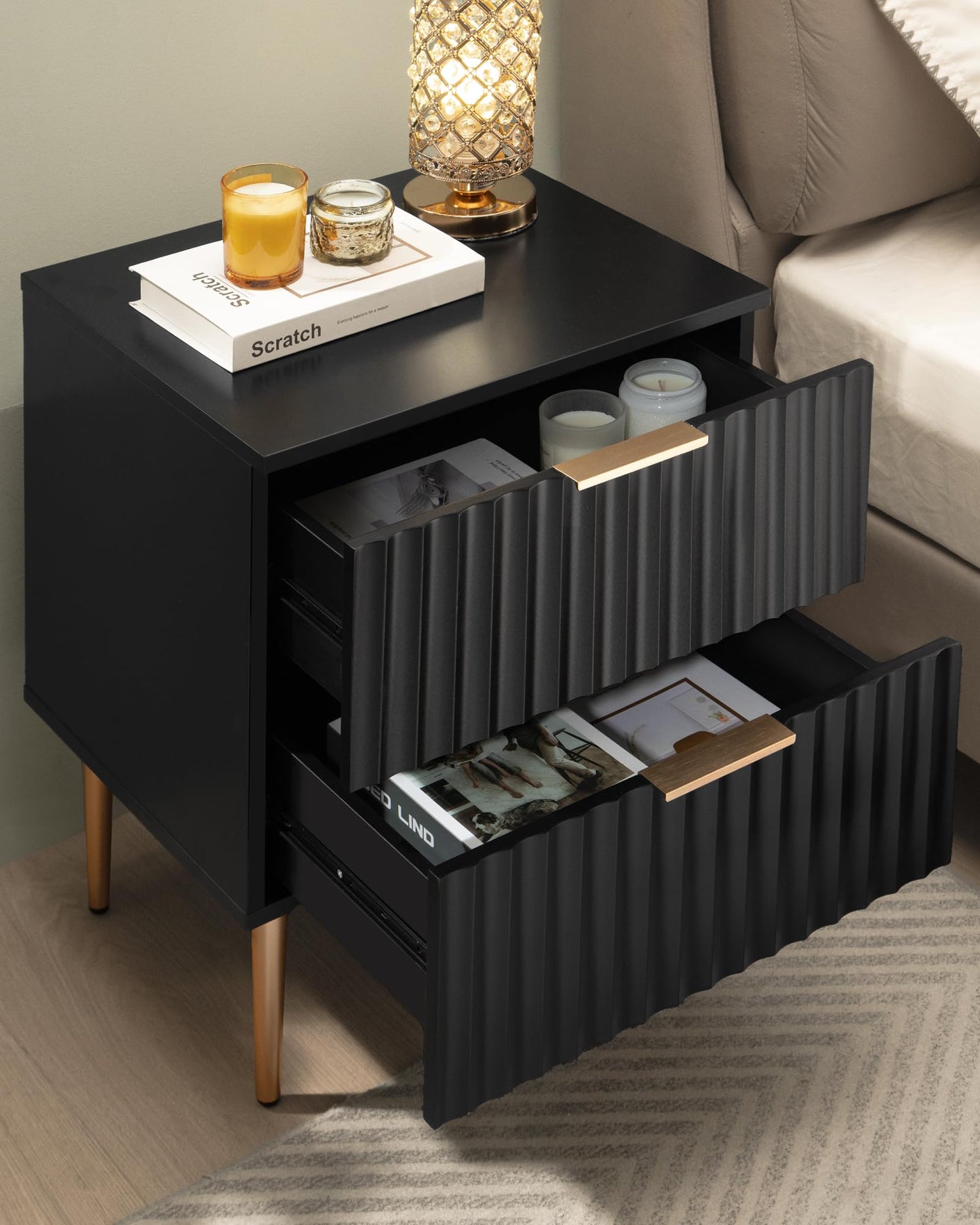 SICOTAS Black Night Stand Set 2, Wide Fluted Nightstand with 2 Drawers, Modern Glossy Storage Bedside Table for Bedroom, End Side Table with Golden Metal Legs and Handles