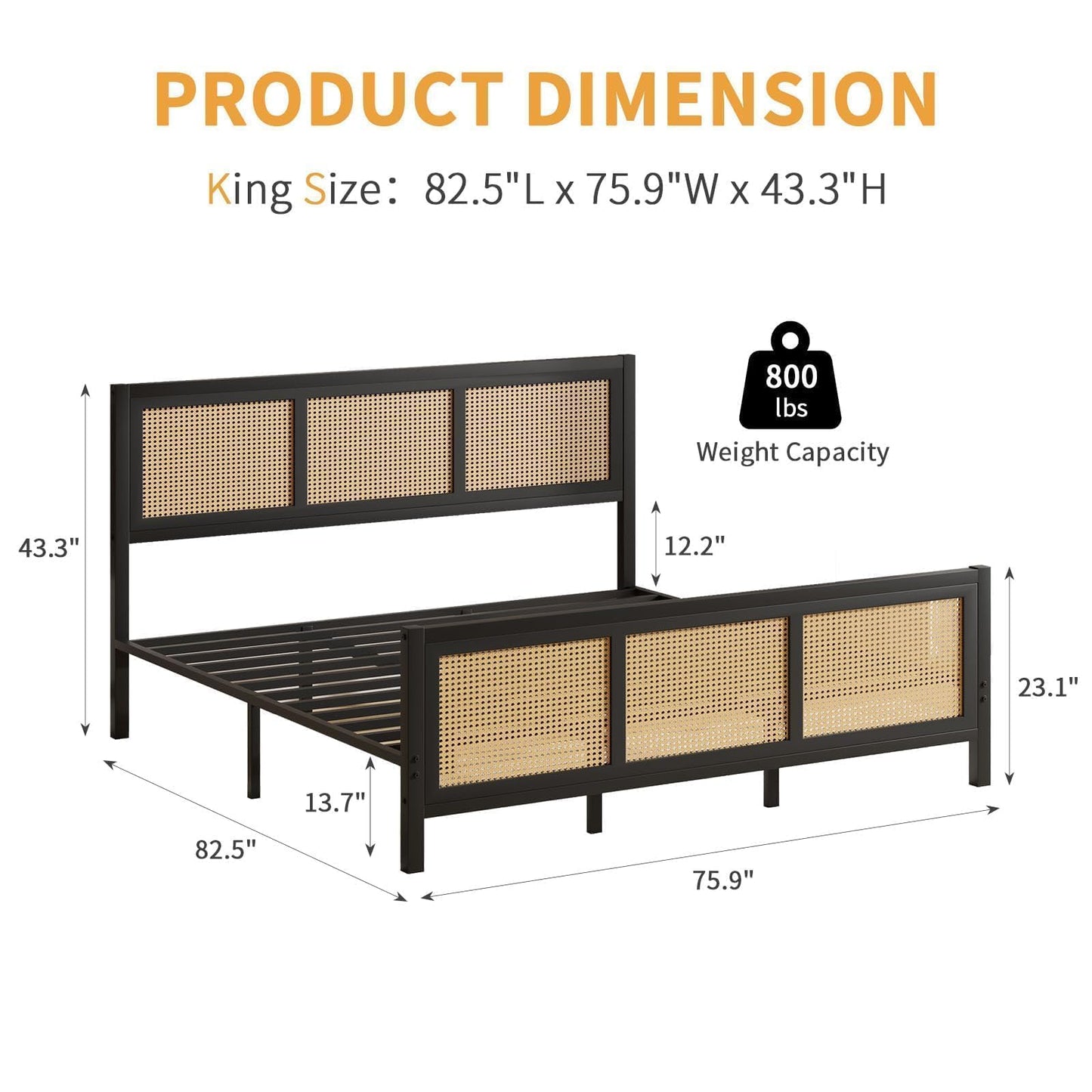 CHABUILDREARK Rattan Bed Frame King, Boho King Bed Frame and Headboard, Metal Platform King Size Bed Frame with Strong Slats Support, No Box Spring Needed, Noise-Free, Easy Assembly, Black
