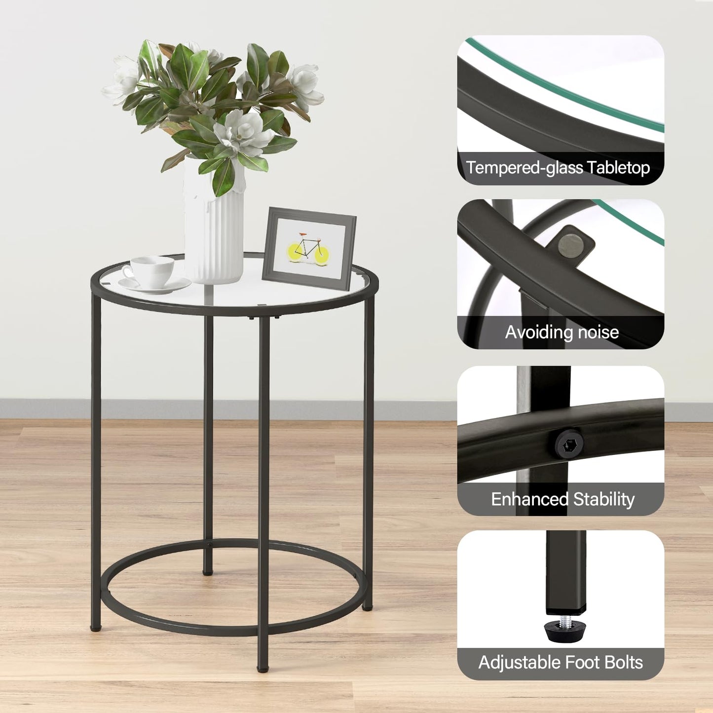 Livofloral 19.7’’ Round Glass End Table, Round Bedside Table with Tempered Glass Top, Black Glass Side Table with Metal Frame, Modern Round End Table for Living Room Balcony Bedroom Porch Patio