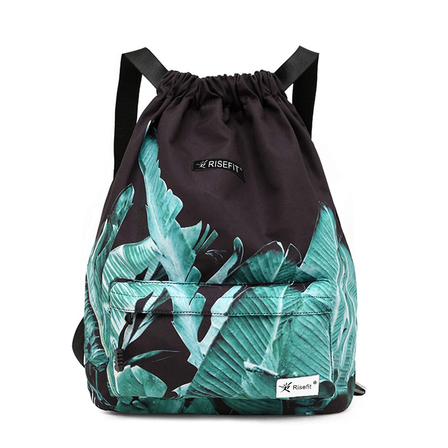 Risefit Waterproof Drawstring Bag, Gym Bag Sackpack Sports Beach Backpack for Men Women (Black Banana Leaves)