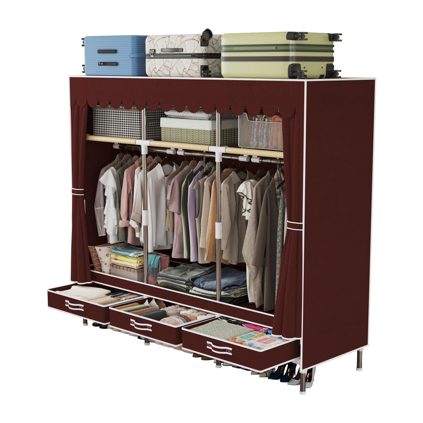 LEAIJIAFY Portable Wardrobe, Metal Frame with Crimson Non-Woven Cover, 3 Hanging Rods, 3 Drawers, 3 Lockers,Portable Wardrobe with Drawers, Clothing Storage, Bedroom