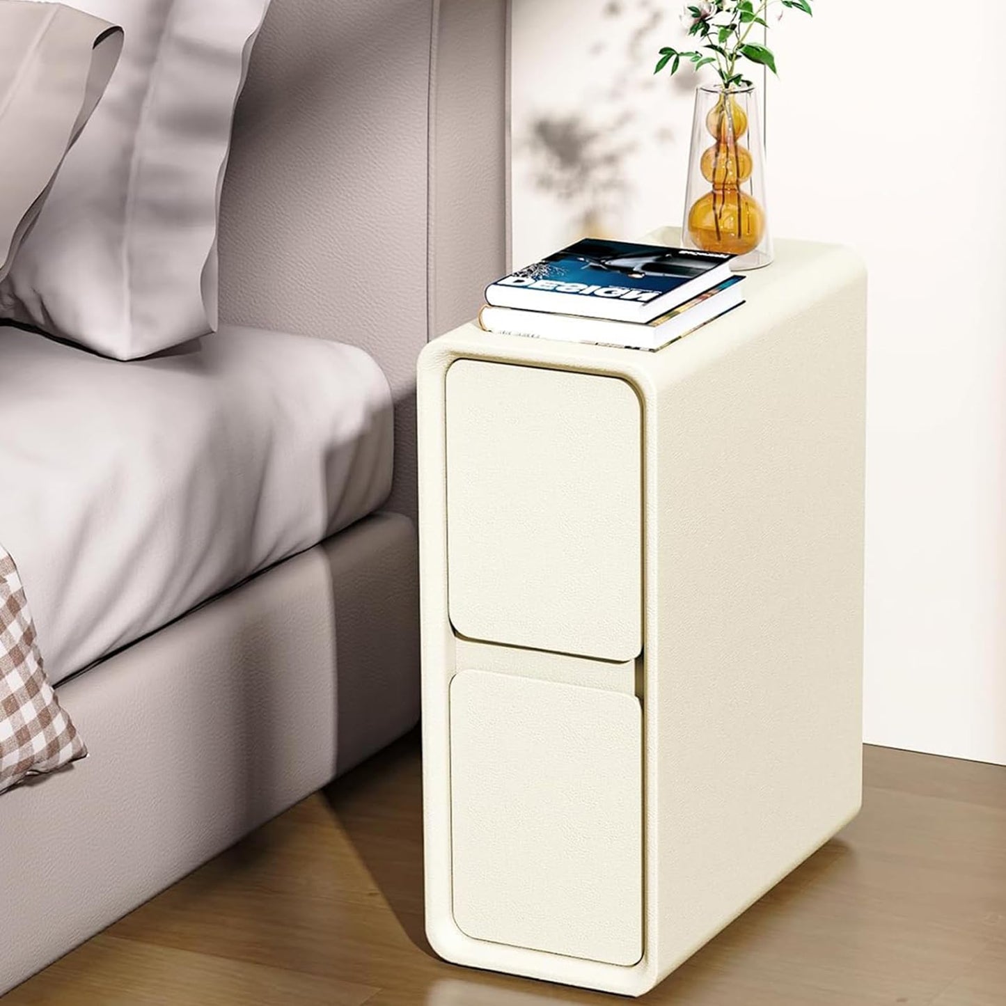 Narrow Nightstand with 2 Drawers, Wood Small Night Stand with Leather Surface for Bedroom, Small Side End Table, Modern Bedside Tables for Bedroom, White