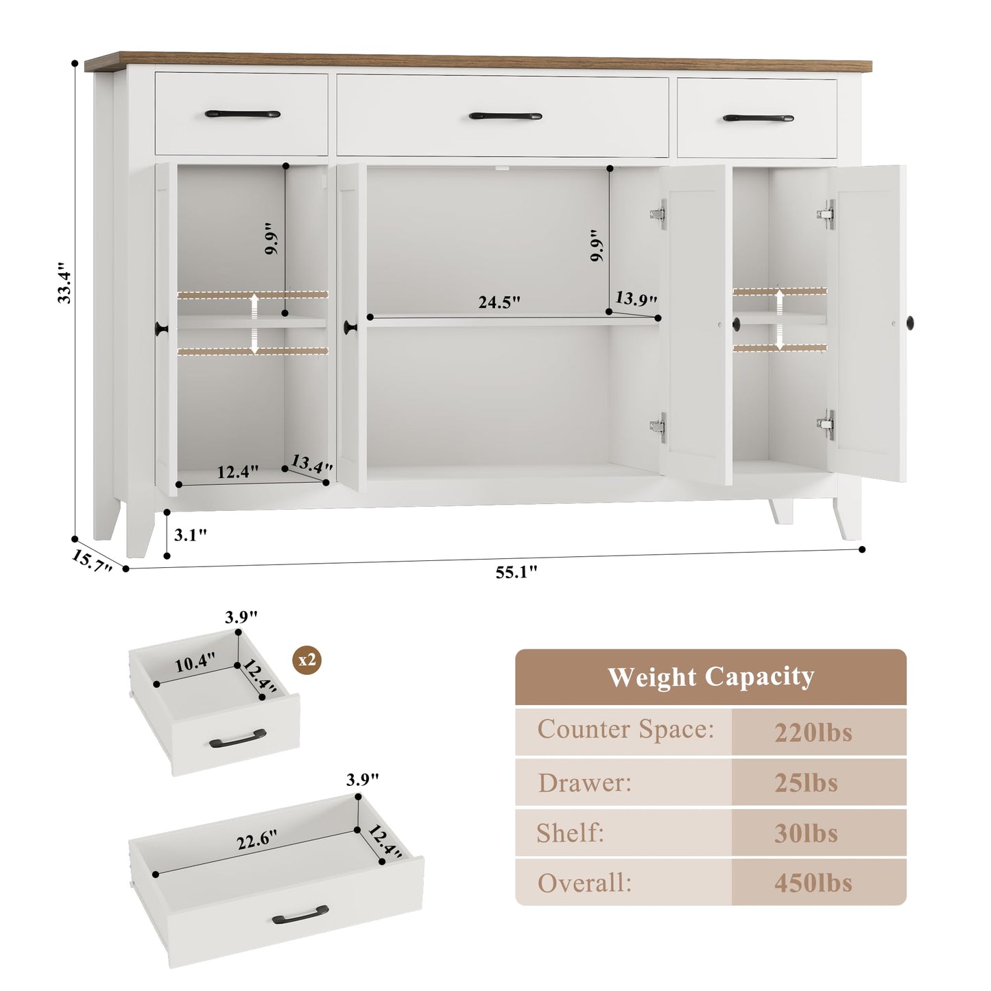HORSTORS 55" Buffet Cabinet, Modern Farmhouse Sideboard Buffet with Drawers, Large Kitchen Storage Cabinet with Adjustable Shelves, Wood Coffee Bar for Kitchen, Dining Room, Living Room, White