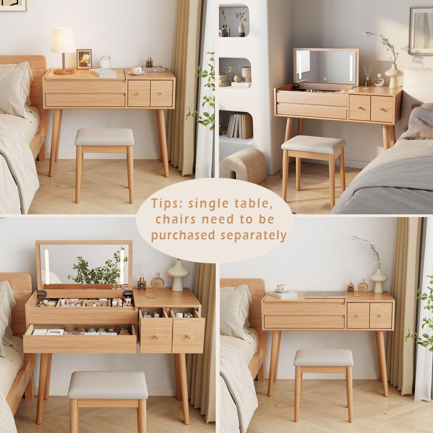 Solid Wood Vanity Desk With Flip Top Mirror And Lights, Mild Century Dressing Table Wooden 4 Drawers Storage, 40 Inch Large Make Up Vanity With 3 Lighting Modes Original, Wood Color (With Adapter)