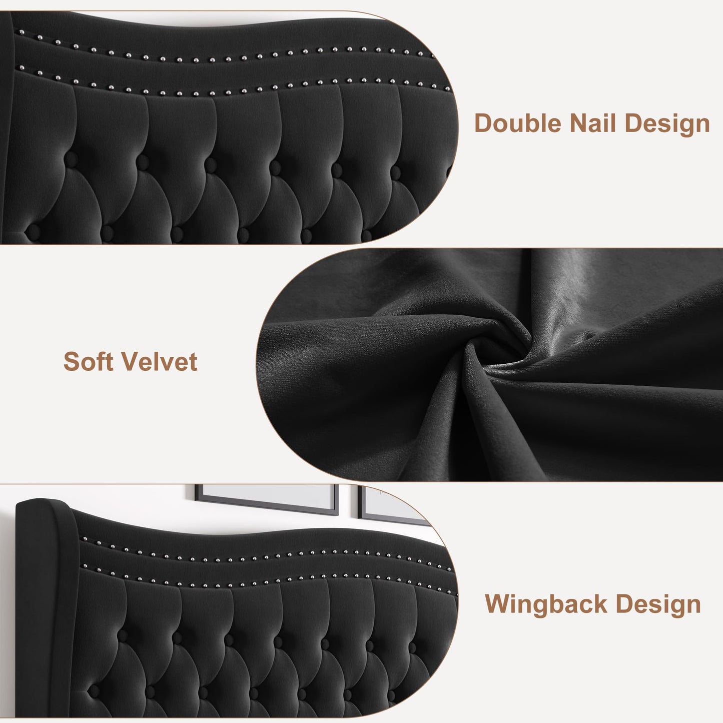 Generic Queen Bed Frame, 52"" Headboard Upholstered Bed with Tall Footbaord, Velvet Upholstered Deep Button Tufted Wingback Platform Bed, No Box Spring Required/Wood Slat Support/Black
