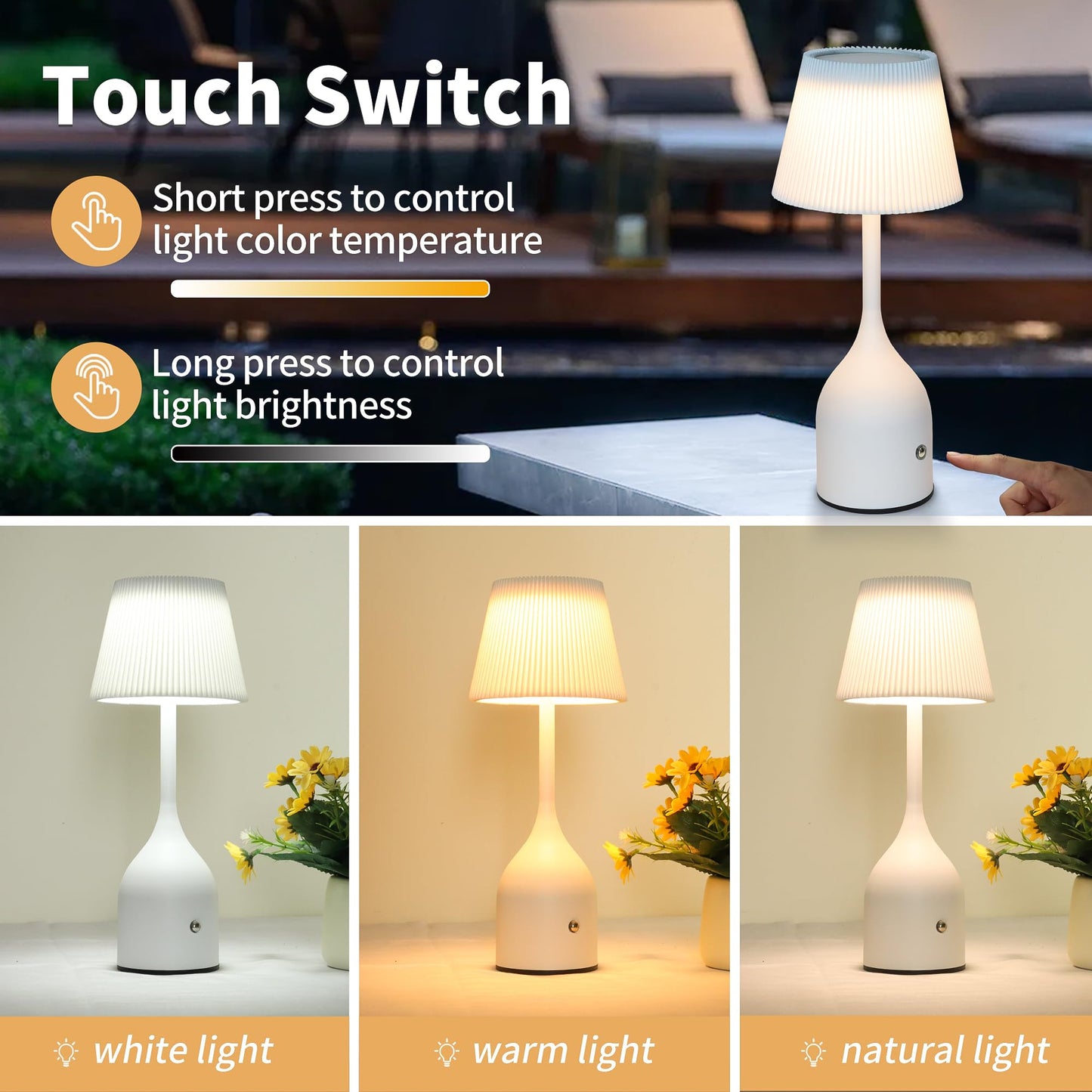 Mr. White Rechargeable Cordless Table Lamp with 2-Pack Lampshades, 5200mAh Battery & Touch Control, 12-inch Dimmable LED Table Light for Patio Restaurant Kitchen Dining (White)