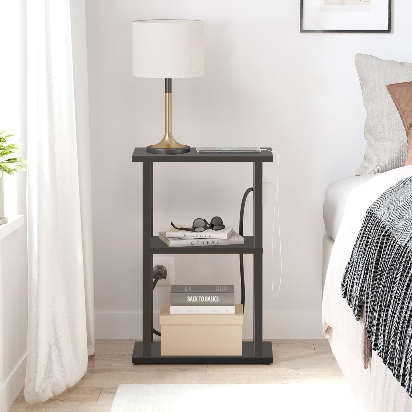 TUTOTAK Small Narrow Side Table with Charging Station, Set of 2 Skinny End Table for Small Spaces, Slim Nightstand with USB Ports and Outlet,Sofa Beside Table with Wheels, Black TB01BK047
