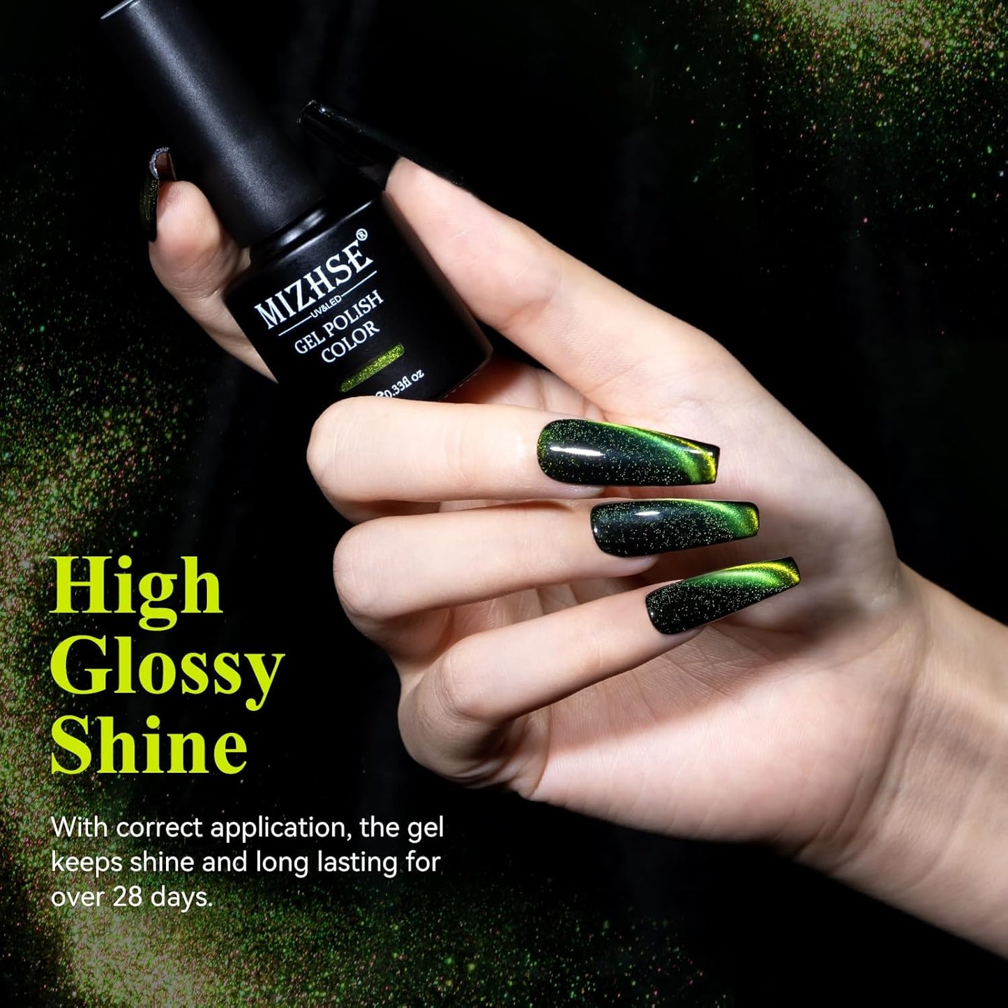 MIZHSE 9D Cat Eye Gel Nail Polish, Bright Green Magnetic Gel Polish with Magnet Stick, Magic Shimmer Galaxy Effect Holographic Glitter Silky Cat Eye Nail Polish Soak Off Nail Art Manicure at Home