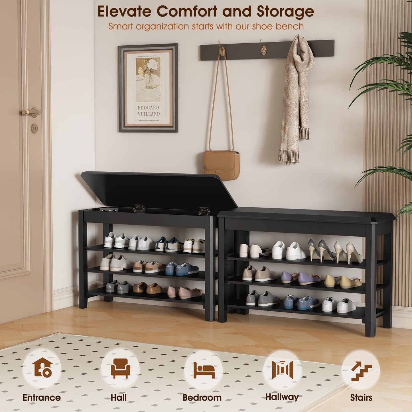 IUNVR Shoe Rack Bench Seat Rubberwood 3-Tier Wooden Storage Bench 550lbs Compact Mid-Century Modern Design for Entryway, Hallway, Closet, Front Door Entrance, Foyer