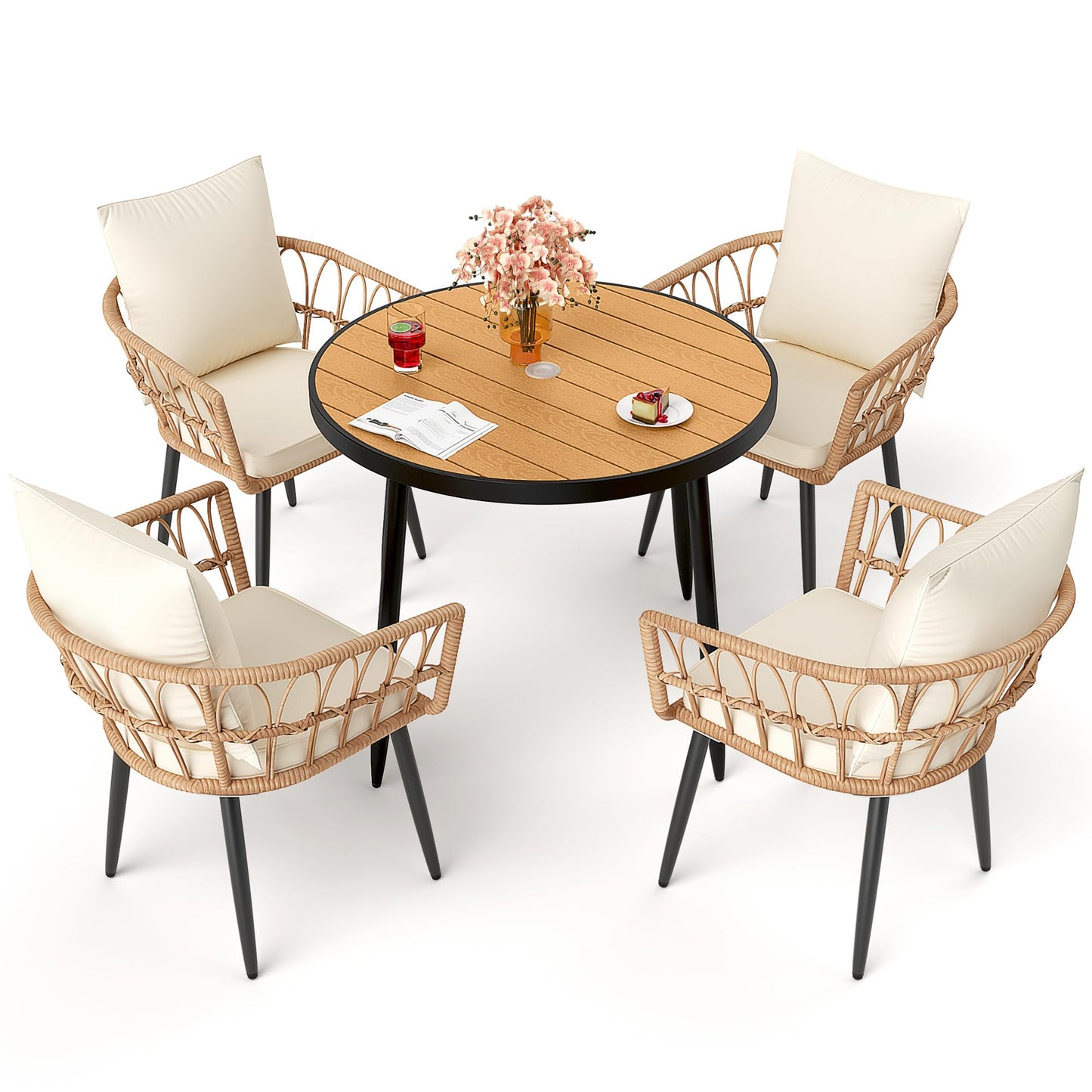 Pamapic 5-Pieces Patio Dining Set with Wood Table Top, All-Weather PE Rattan Patio Furniture Set, Outdoor Dining Furniture with Removable Cushion Chairs & Round Table for Garden Lawn Patio,Cream