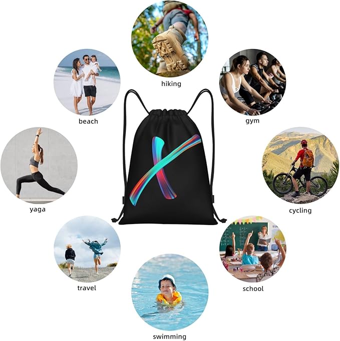 Drawstring Bags Initial Drawstring Backpack Sackpack Black Draw String Cinch Bags for Sports, Gym, Travel, Swimming, Beach, Camping, Rainbow Letter X