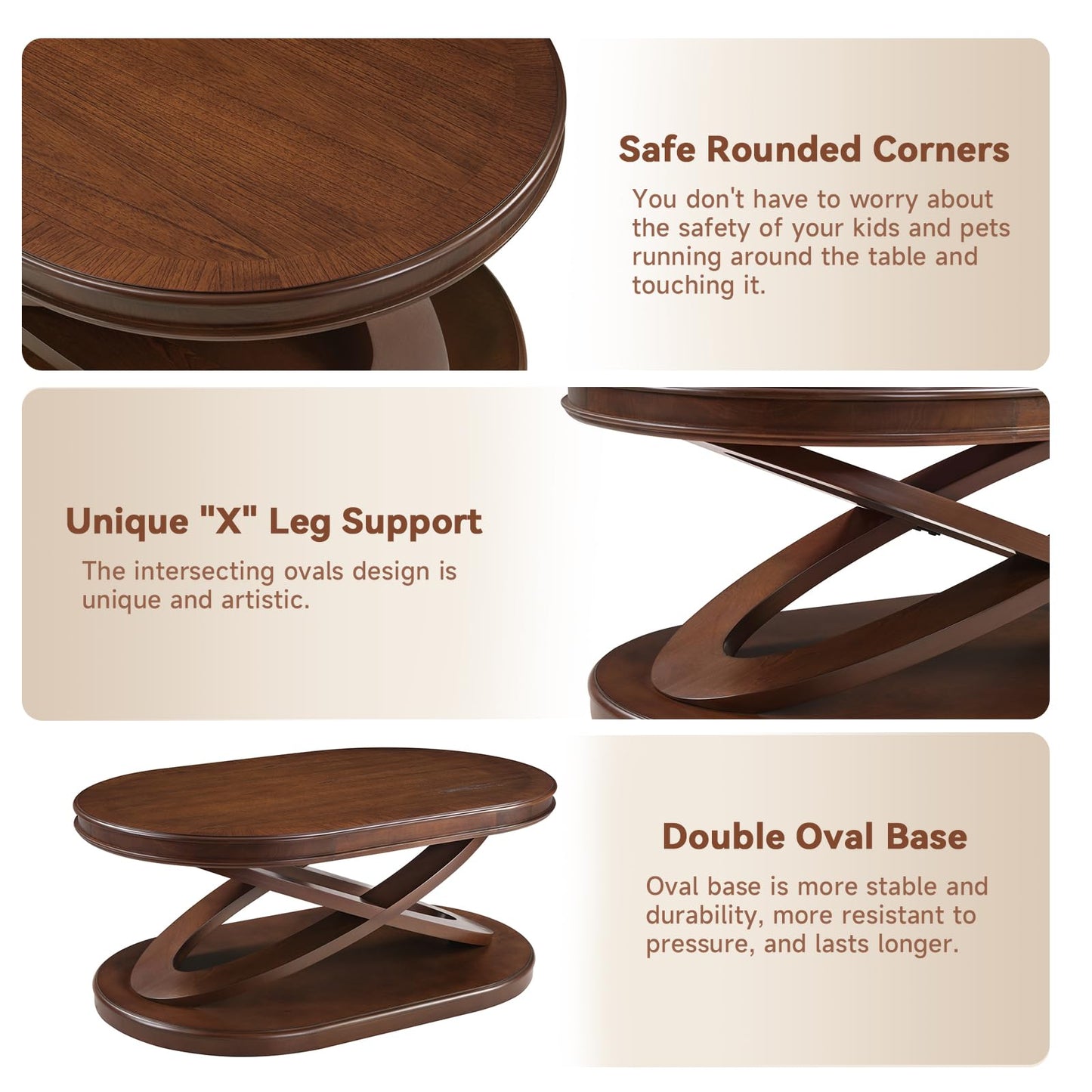 LKTART Wood Coffee Table Set of 3, Oval Coffee Table and Round End Tables Living Room Set of 2, Vintage Side Table with X-Shape Support,Walnut