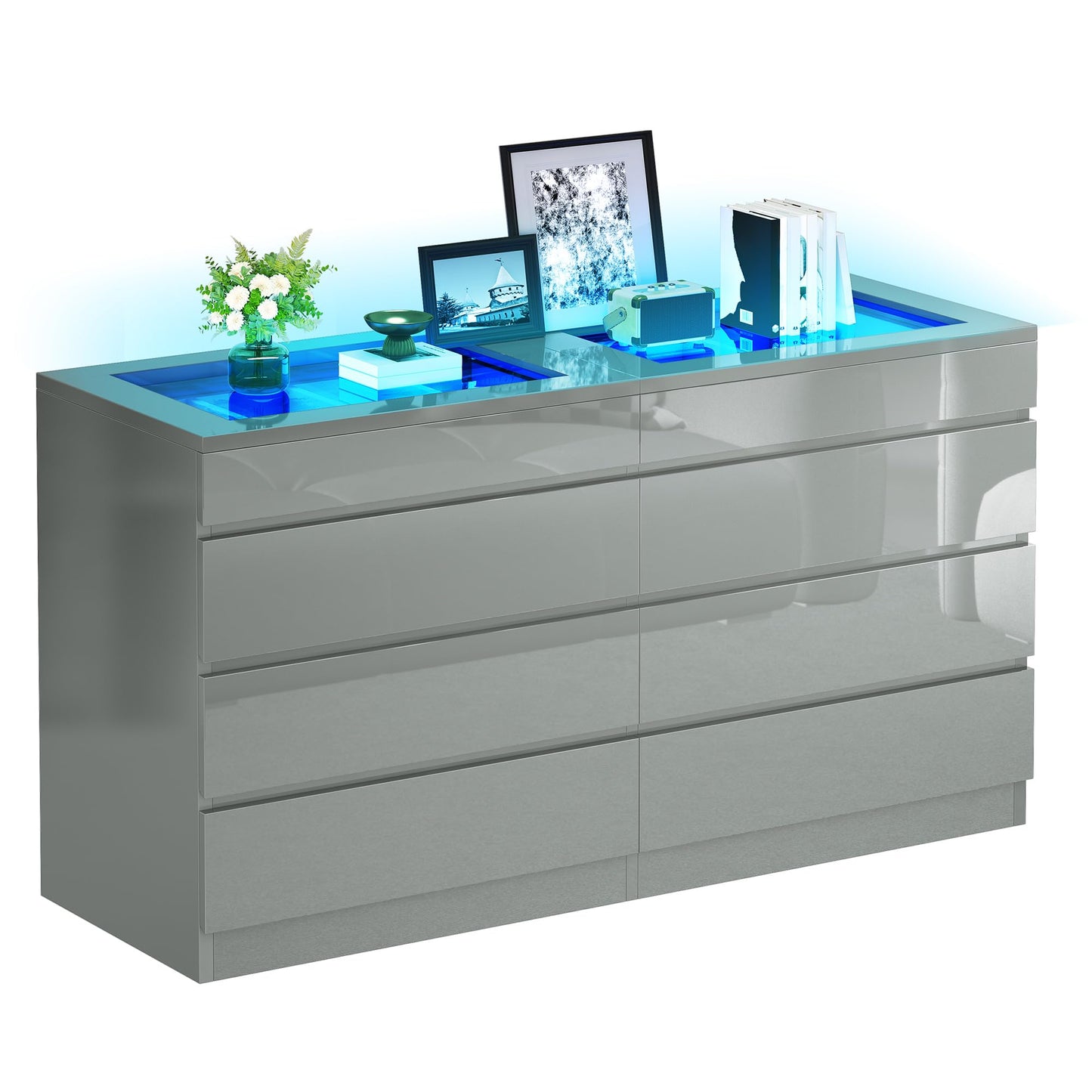 DWVO 8 Drawer Dresser with LED Light,Grey Dresser, Modern 8 Chest of Drawers with Deep Drawers Glass Top High Gloss Surface, Storage Organizer Cabinet for Living Room, Bedroom