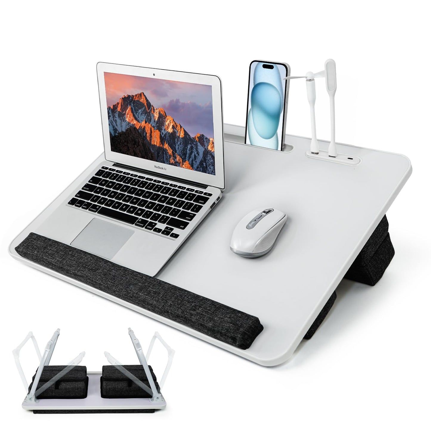 iXTRA Lap Desk for Laptop with Cushion,Folding Laptop Desk for Bed with USB,Bed Desk,Portable Computer Lap Desk,23.62"*15.74",White