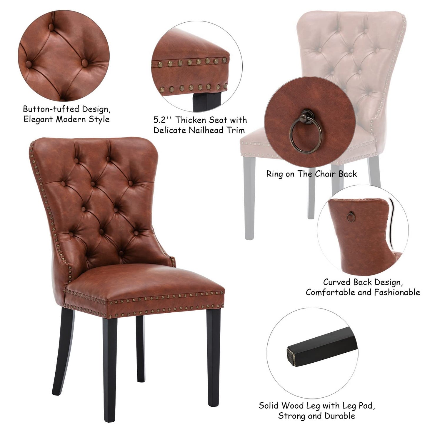 CIMOTA Brown Leather Dining Chairs Set of 2 Mid Century Modern Dining Room Chairs Tufted Upholstered Kitchen Dining Chairs Comfortable Side Chairs with Nailhead Trim/Ring Back (PU /2PCS)