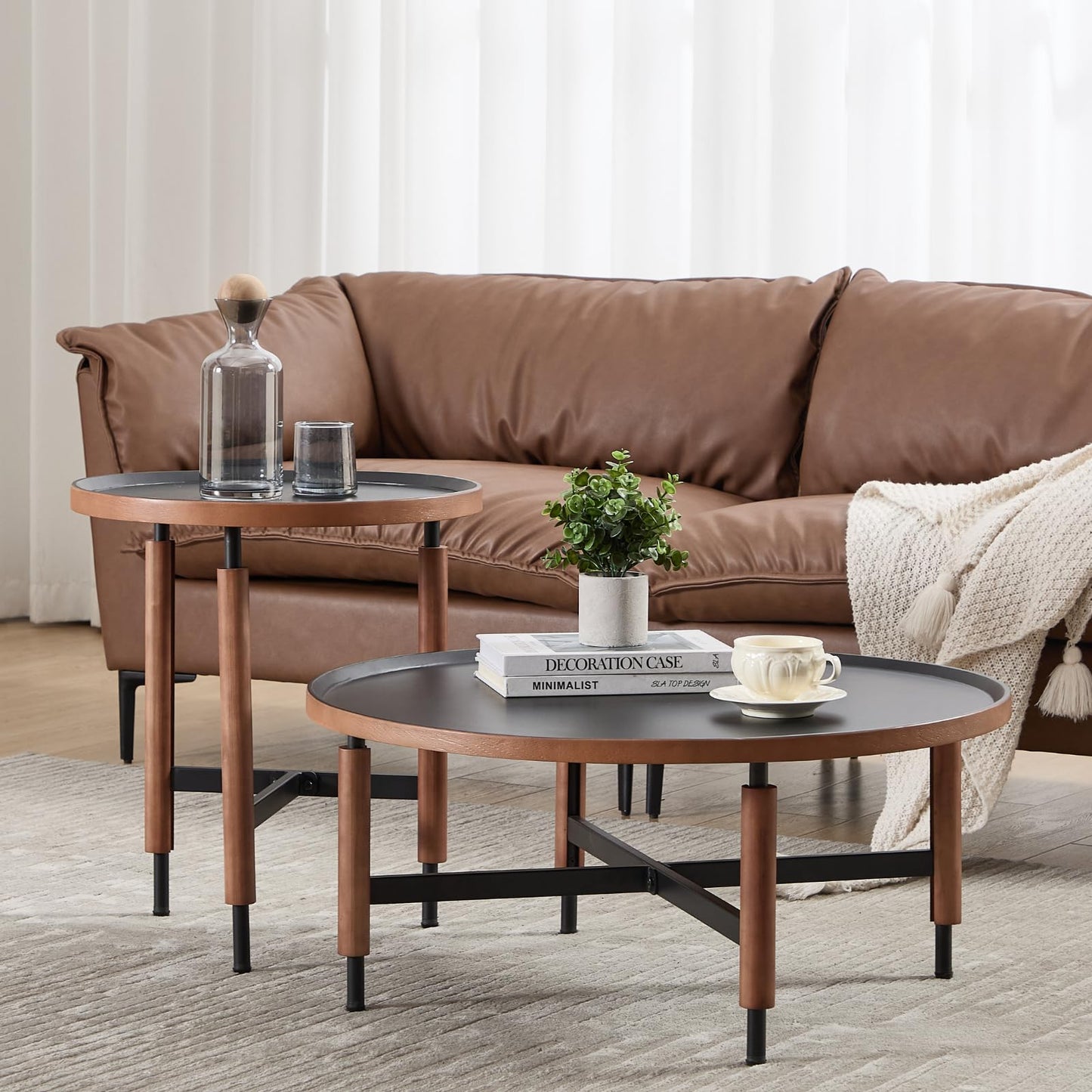 DUOMAY Modern Round Wood Coffee Table, 31.25'' Wide Center Table with X-Shaped Metal Base, Round Tubular Iron Legs Covered with Rubber Wood for Living Room, Lounge, Office, Apartment, Black