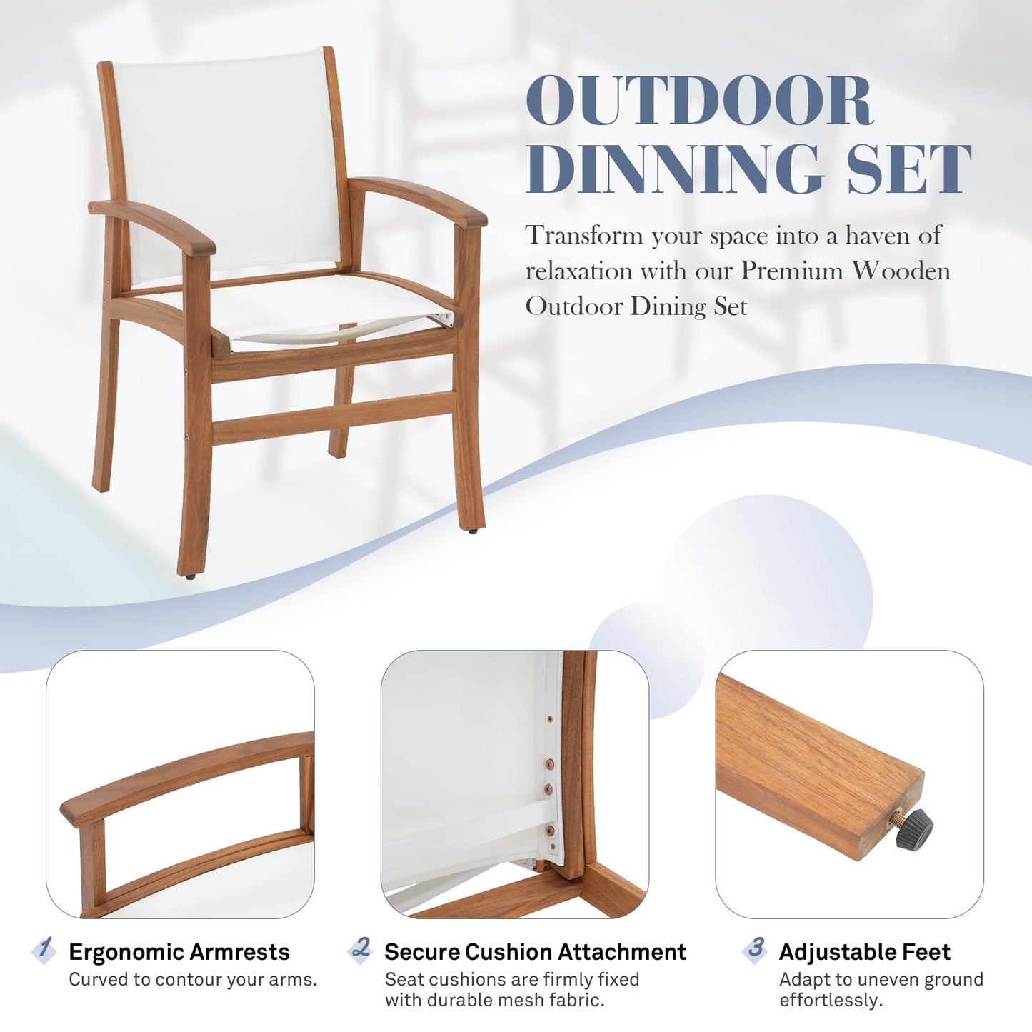 OC Orange-Casual Patio Furniture Set, Acacia Wood Patio Dining Set for 6-8, Outdoor Expandable Table and Chairs Set with Umbrella Hole and Breathable Textilene Fabric for Garden (White, 5 Pieces)