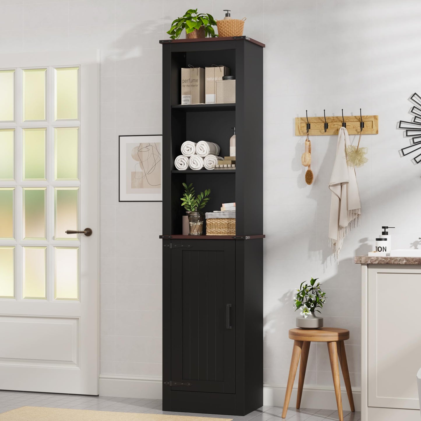 MHOM 71" Tall Bathroom Cabinet. Farmhouse Storage Cabinet with Adjustable Shelves, Narrow Linen Cabinet for Bathroom, Laundry, and, Living Room, Black