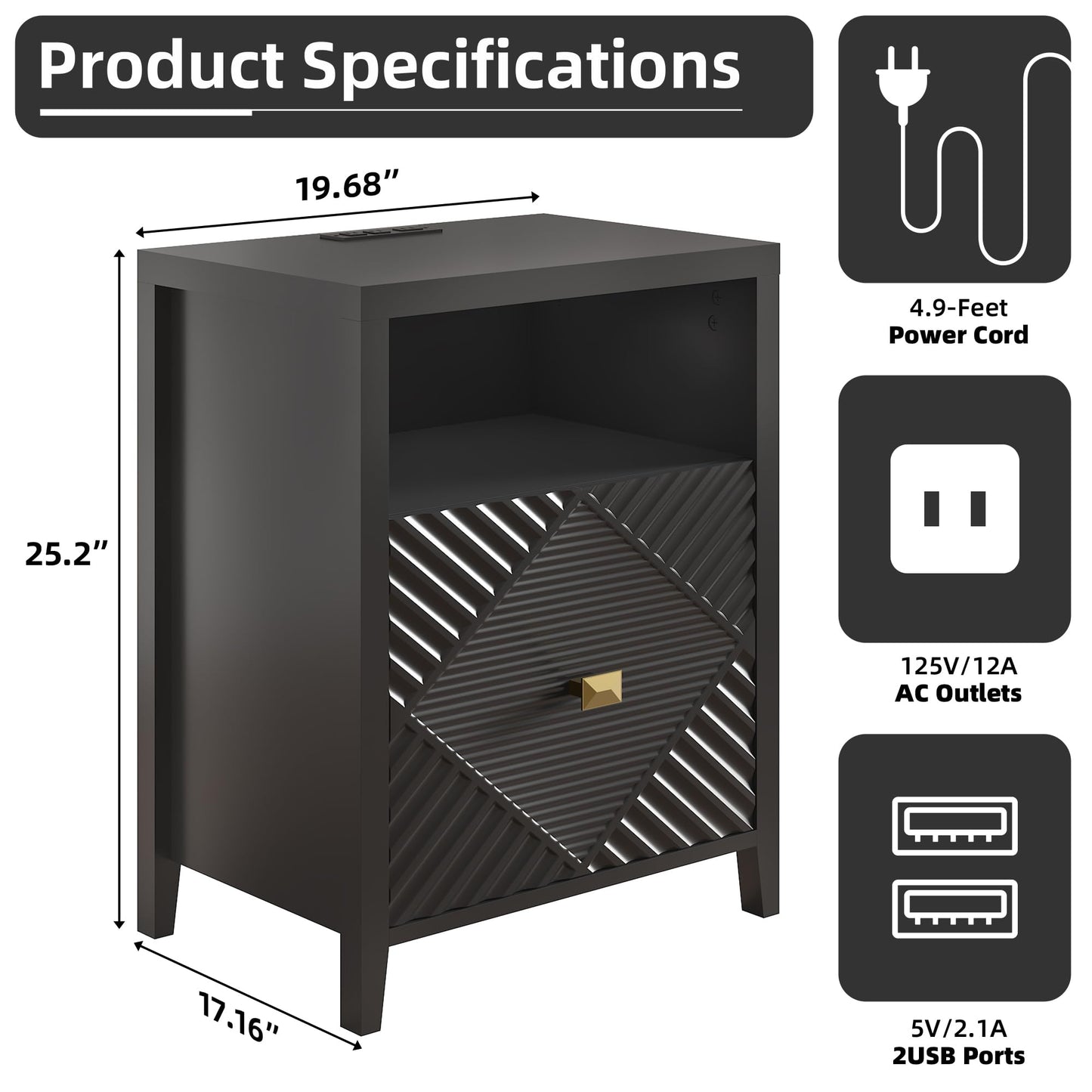 Modern Nightstands with Charging Station, Set of 2, 19.68" Bedside Tables with Drawer and Open Shelf, End Tables with USB Ports and Outlets for Bedroom