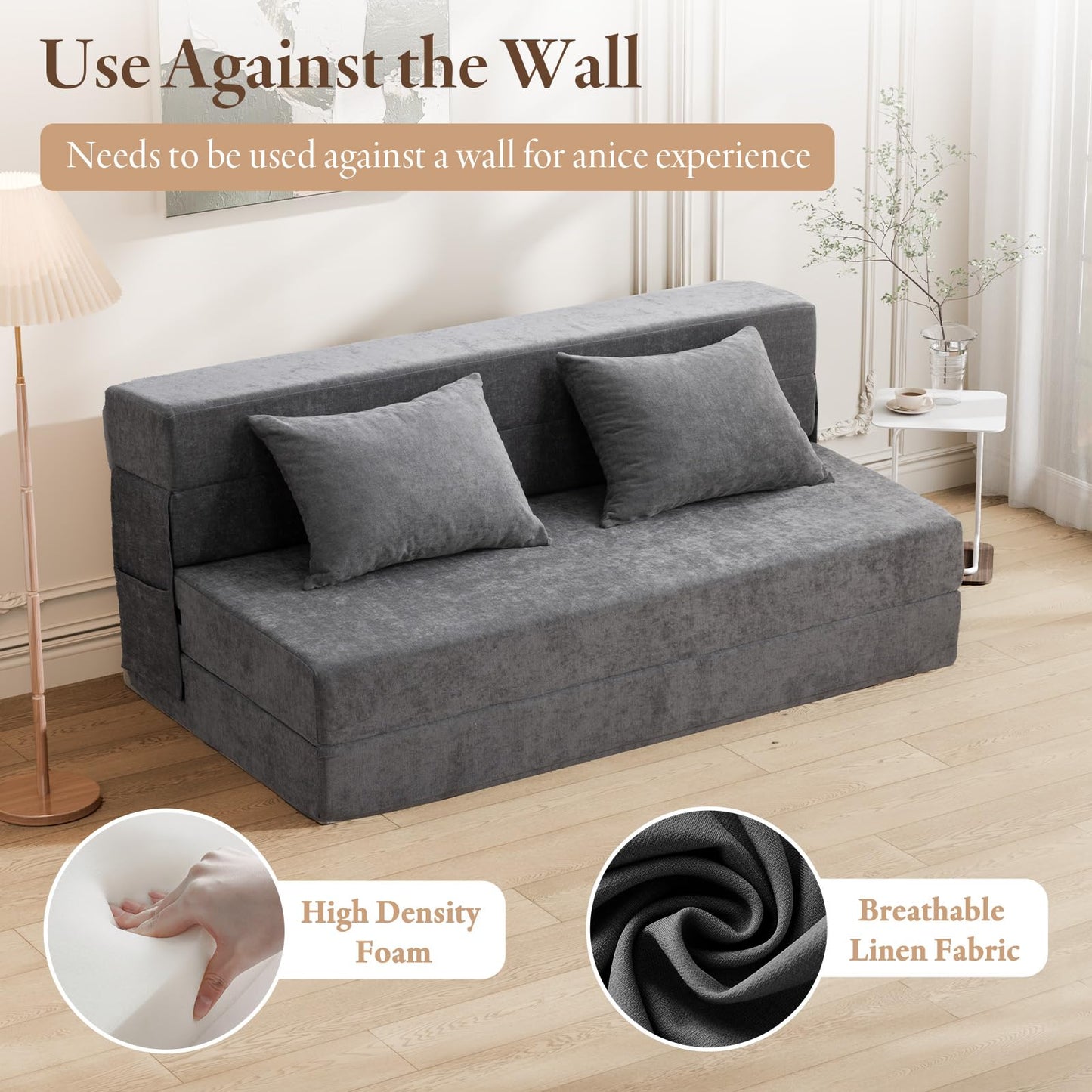 HOMFINE Folding Sofa Bed - Convertible Sleeper Chair with Pillow, Fold Out Couch, Foam Floor Mattress, Futon Couch, Lazy Sofa for Living Room/Dorm/Guest Room/Home Office, Queen, Grey