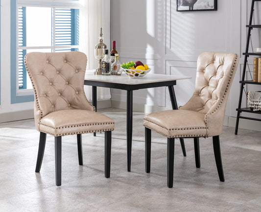 EALSON Modern Dining Chairs Set of 2 Mid Century Leather Dining Room Chairs with Wood Legs Tufted Upholstered Kitchen Side Chairs with Nail Head Trim for Dining Room/Living Room, Beige with Ring