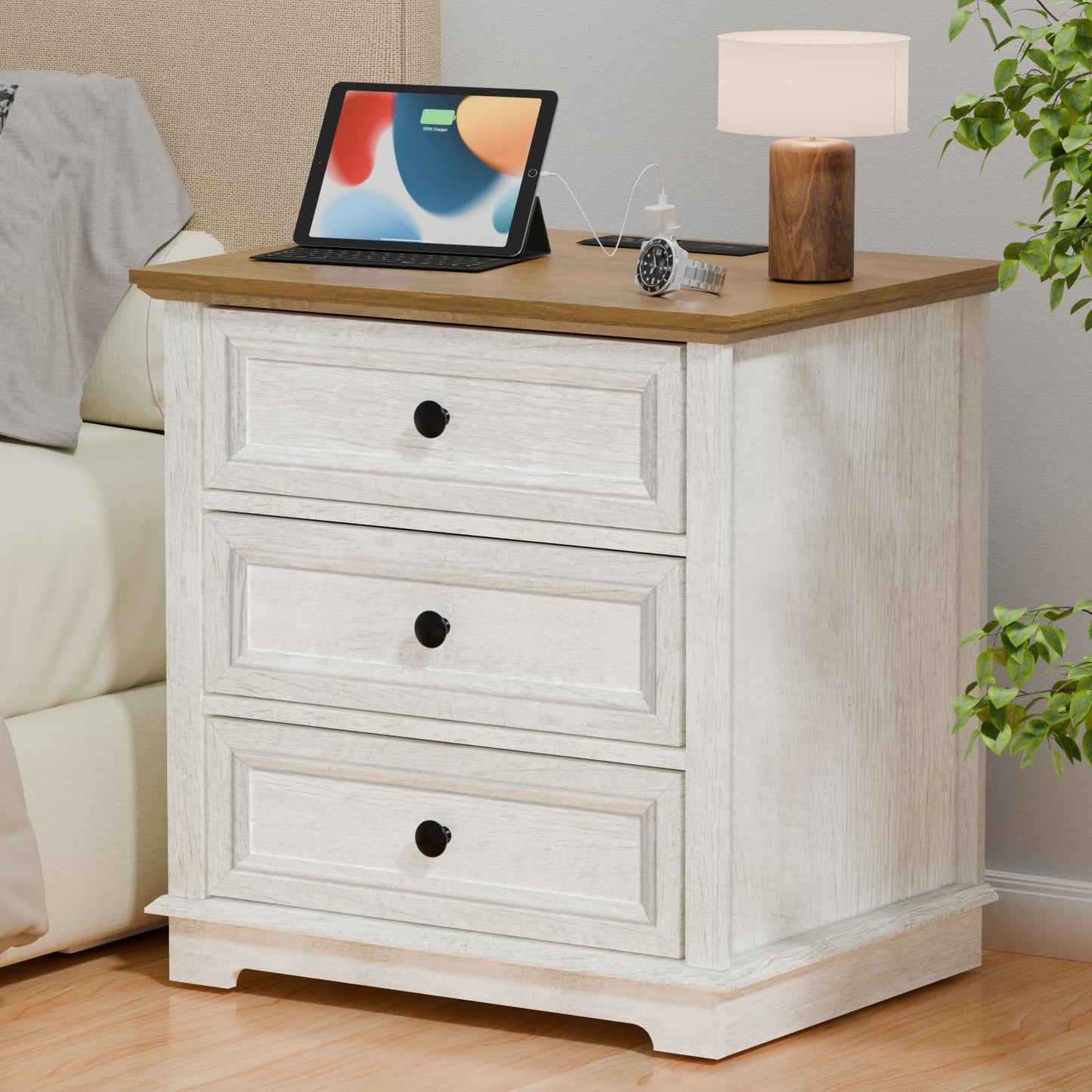 Nightstand with Charging Station, 24” Wide End Table with 3 Drawers, Modern Bedside Table with Storage, Wood Small Dresser for Bedroom Living Room. (White)