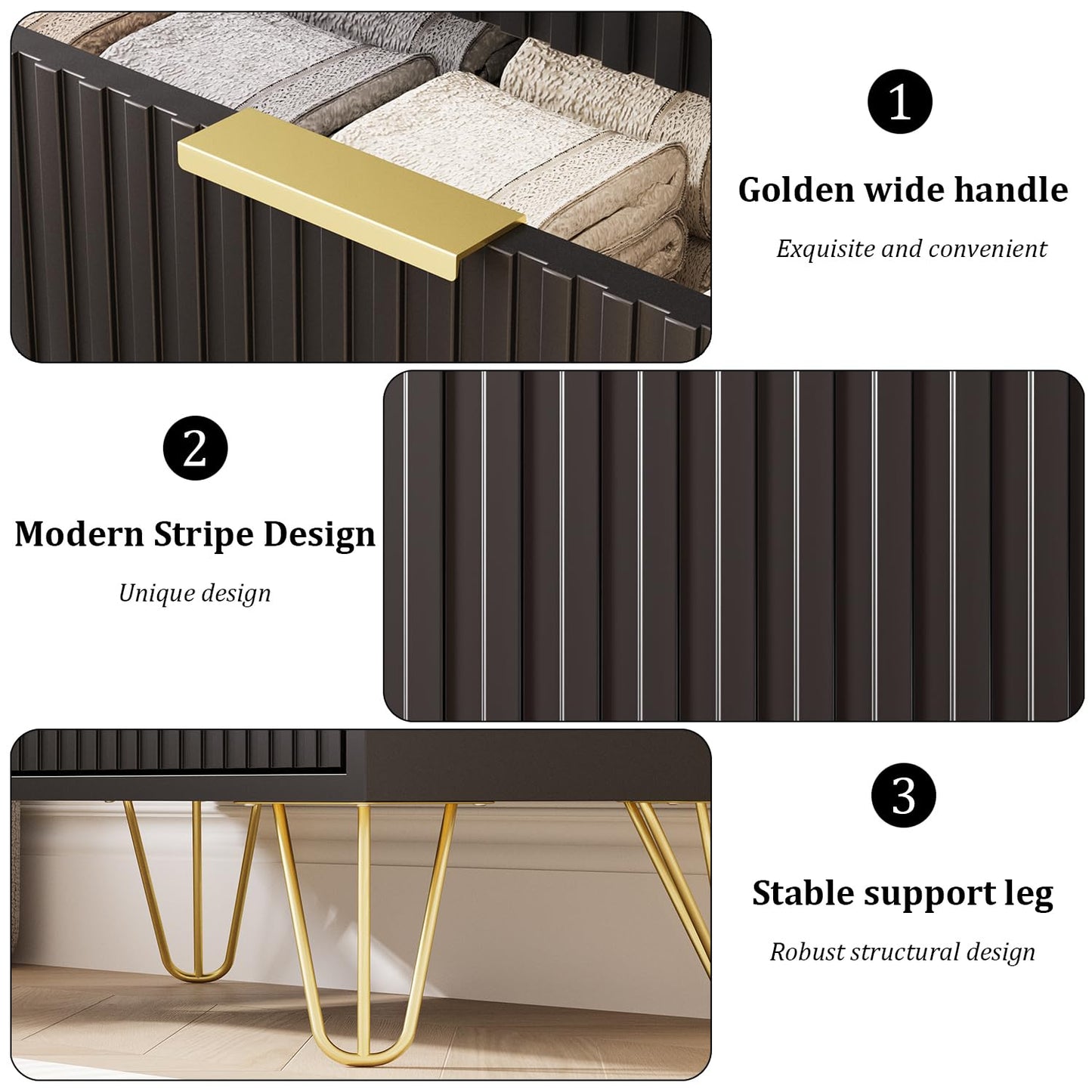 MAISONARIA Black Dresser for Bedroom, 4 Drawer Dresser with Gold Metal Handles & Chests of Drawers, Chests of Drawers for Hallway, Bedroom