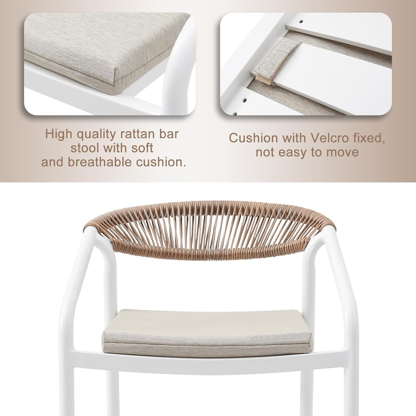 RICNOD Modern Outdoor Bar Stools Set of 2, White Aluminum Frame with Wicker Back, Cushioned Patio Seating
