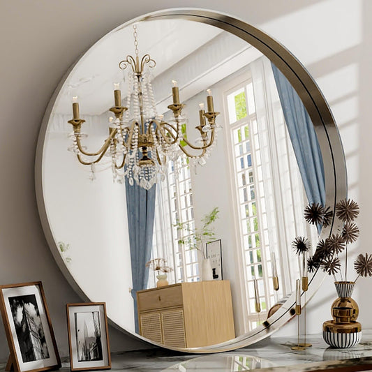 Easly 24 Inch Round Bathroom Mirror - Wall Mounted Circle Mirror with Metal Frame, Modern Mirror Suitable for Bathroom, Vanity, Entryway, Living Room, Wall Decor，Silver