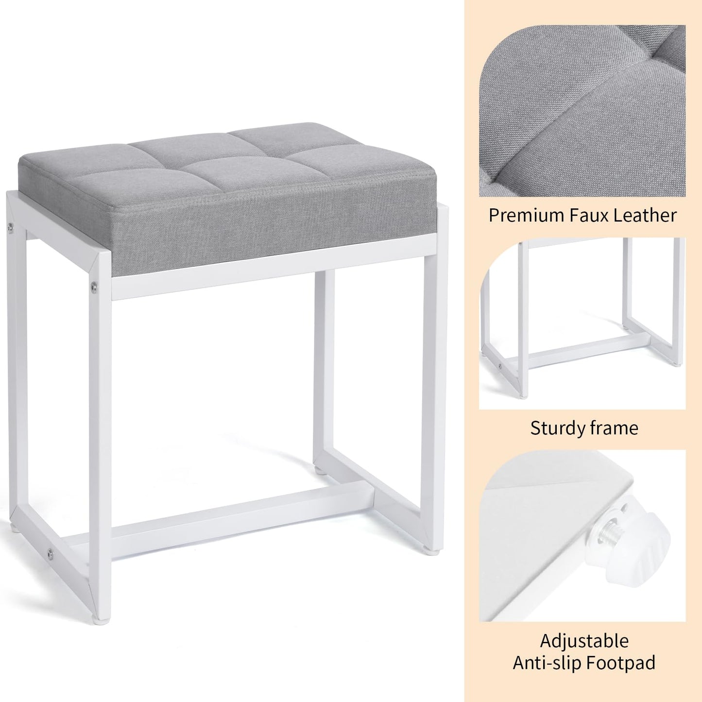 FLYZC Vanity Stool, Vanity Chair Stools for Makeup Room, Square Linen Makeup Stool for Vanity, Modern Padded Small Ottomans Foot Rest for Bedroom Living Room, Grey & White
