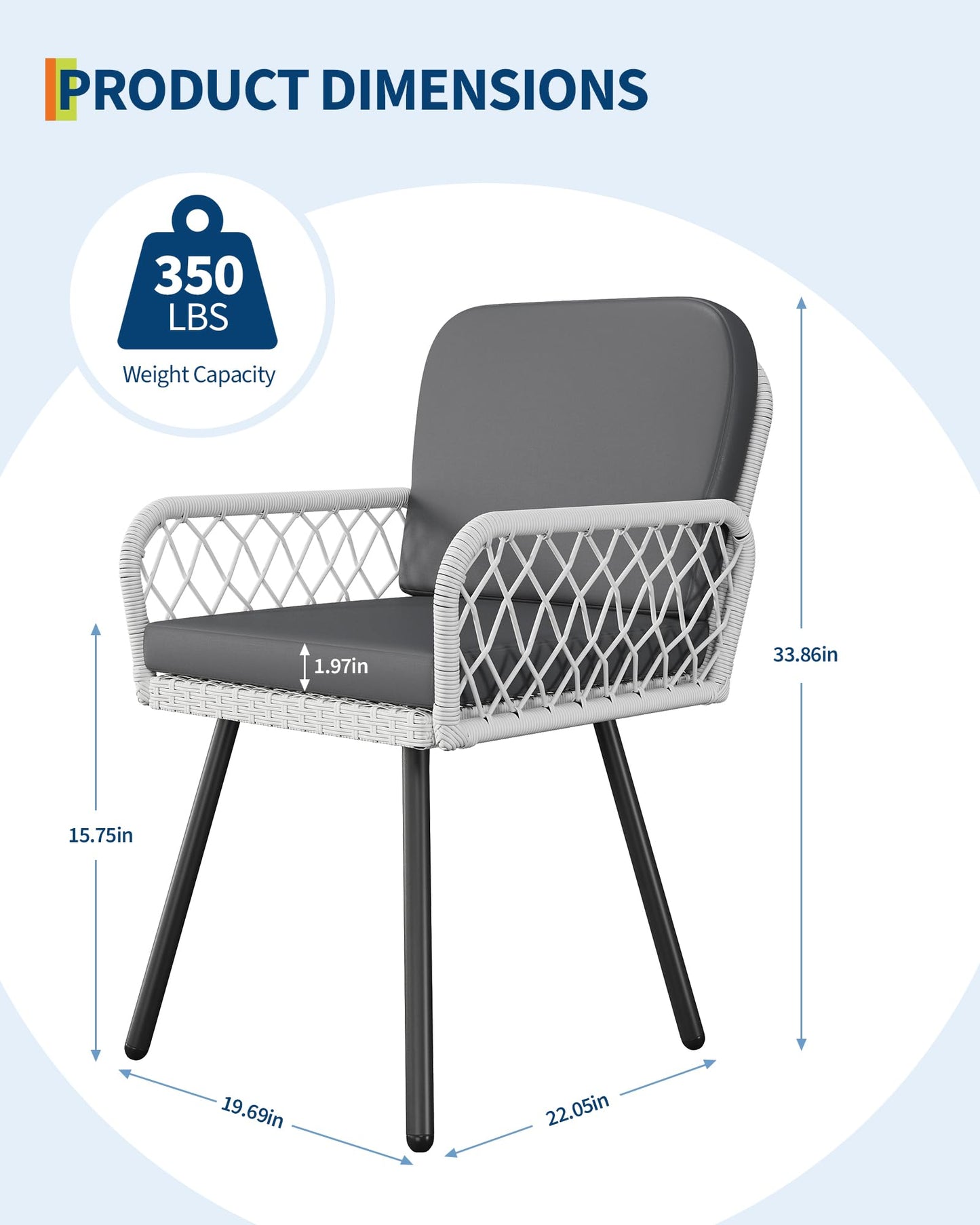 Patio Dining Chairs with 5mm Rattan & Cushions, 2-Piece Outdoor Chairs Set, Stackable Wicker Chairs with Metal Frame for Garden