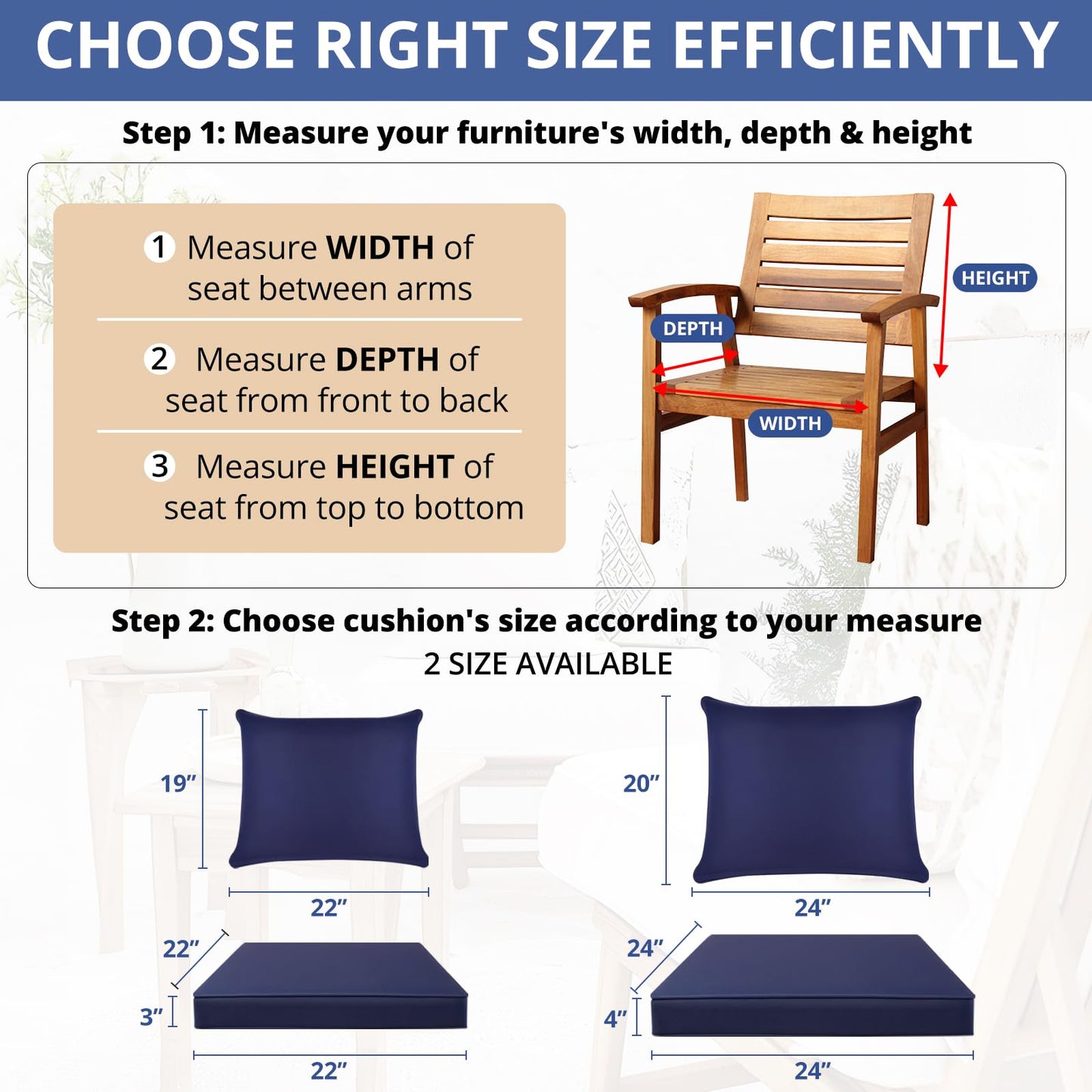 Fabuday Outdoor Chair Cushions Set - 22 x 22 Inch Waterproof & Fade Resistant Patio Furniture with Removable Cover Deep Seat & Back Pillow with Ties Replacement for Sunbrella Outside Sofa Couch Blue