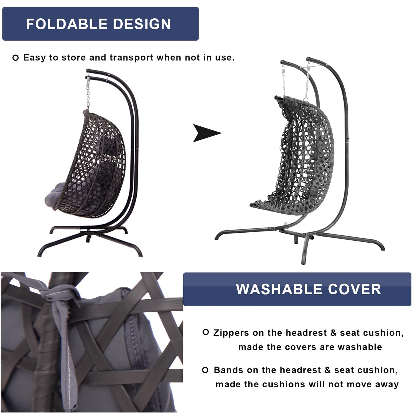 Double Swing Egg Chair with Stand, Foldable Wicker Hanging Swing Chair for Outdoor Garden Patio, 2 Person Egg Chair Loveseat with Removable Cushions (Dark Gray)