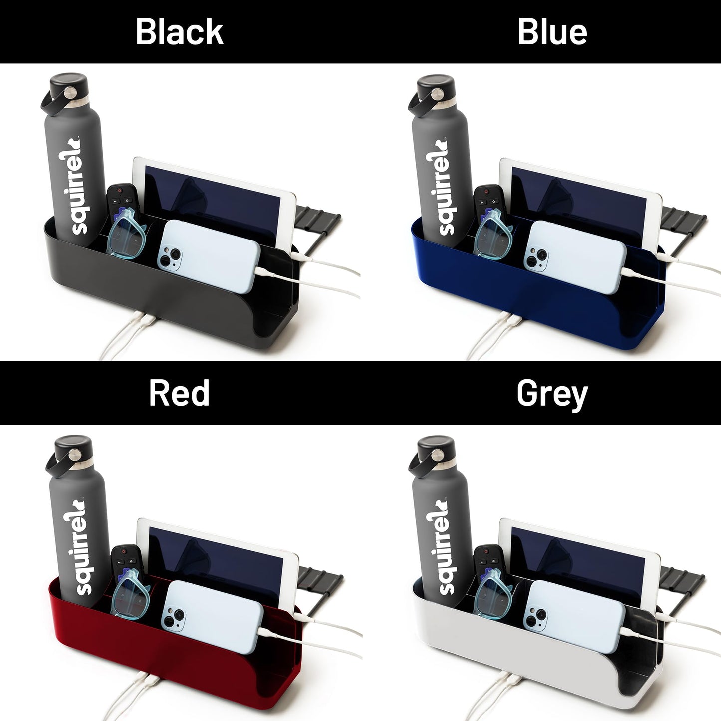 Squirrel Gray Bedside Perch – Perfect dorm gift & small space essential! USB-C & A charging, cup holder fits Hydro Flask, YETI, S'well. Organizes phone, iPad & more on lofted beds, couch, etc.
