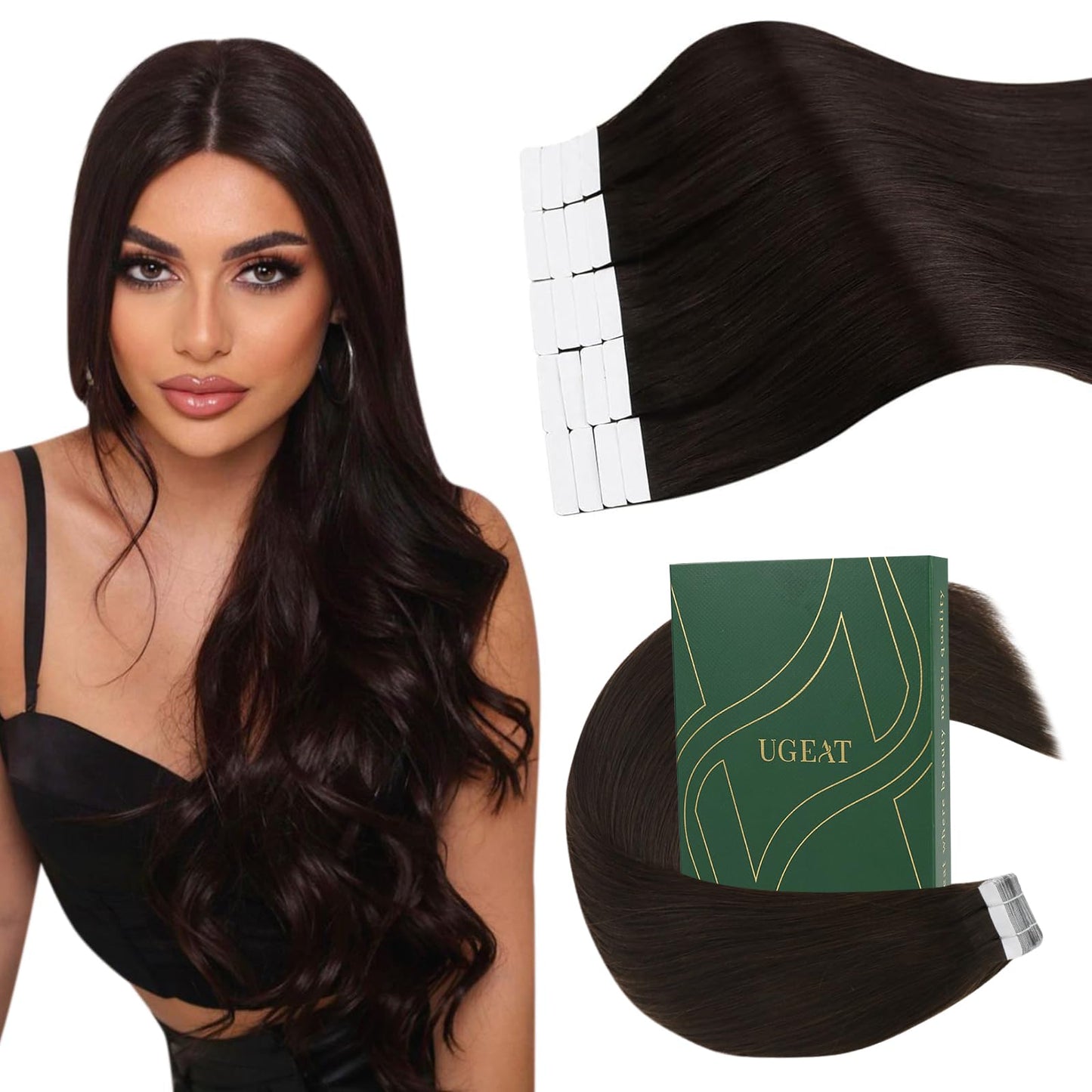 Ugeat Darkest Brown Tape in Extensions Real Human Hair 16 Inch Invisible Tape in Hair Extensions Human Hair Dark Brown Tape ins Human Hair Extensions Brown Remy Hair 20Pcs 50G
