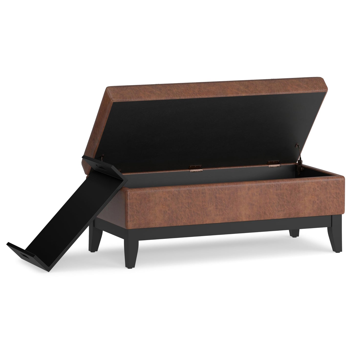 SIMPLIHOME Oregon 42 inch Wide Transitional Rectangle Storage Ottoman Bench with Tray in Distressed Saddle Brown Vegan Faux Leather, Assembled, For the Living Room, Entryway and Family Room