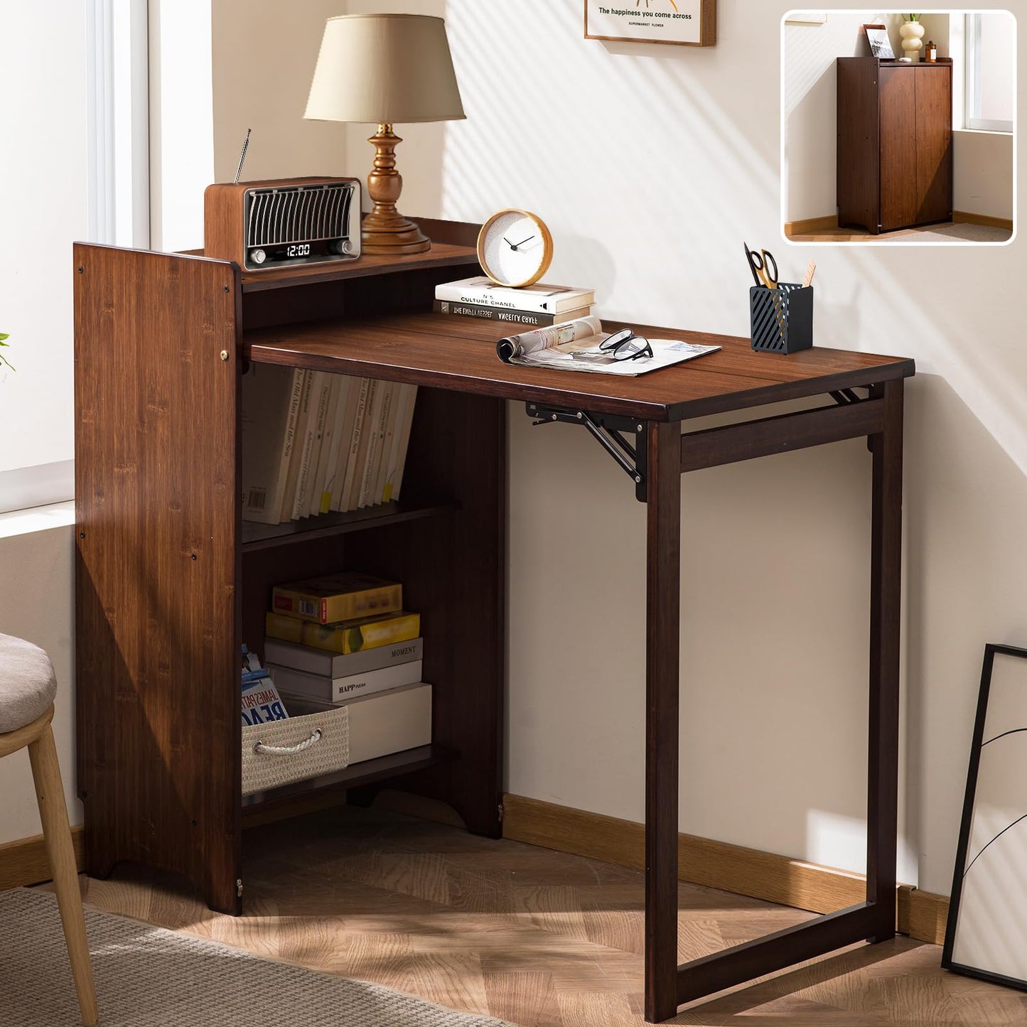 Usofhaus Bamboo Folding Desk with Storage, Space-Saving Foldable Computer Desk for Small Spaces, Writing Study Table for Home Office, Bedroom, Dorm, Apartment,Dark Brown