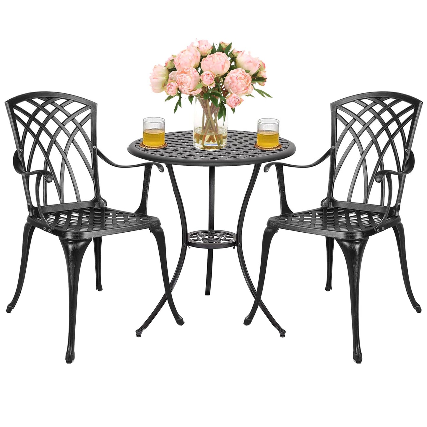 Polar Aurora 3 Piece Patio Bistro Set Cast Aluminum Bistro Table Set Outdoor Round Dining Table with Umbrella Hole for Porch, Lawn, Garden, Backyard, Pool,Black