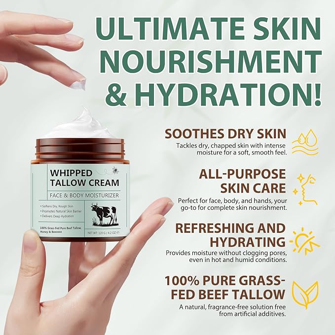 Beef Tallow for Skin, Tallow Face Moisturizer 4.2 Oz, Tallow and Honey Balm, Fast Absorption and Deeply Moisturizing for Face & Body, Organic Grass Fed Beef Tallow with Honey Cream