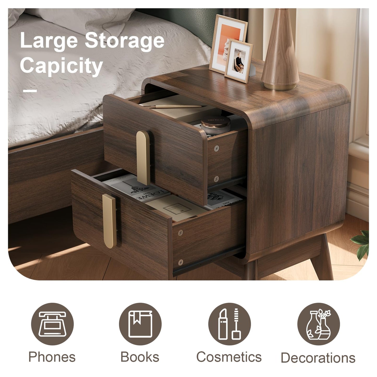 JOINICE Nightstand Set of 2, Mid Century Modern Bedside Table with 2 Drawers & Metal Handle, Curved Profile Brown Night Stand with Storage, Solid Wood Feet End Table for Bedroom, Dark Walnut