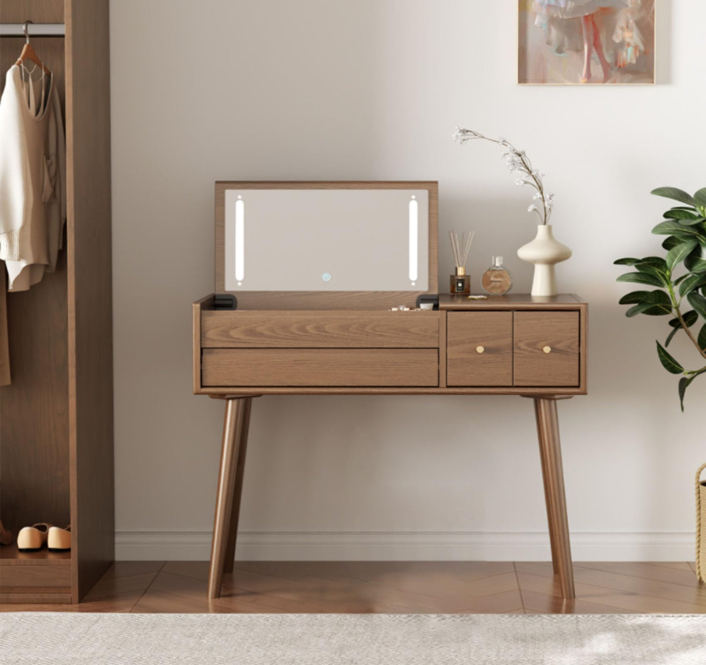 KungFuWood Makeup Vanity Desk with 3 Lighting Modes, Solid Wood Vanity Desk with Mirror Dressing Table Set 4 Drawers,Space-Saving Vanity for bedrooms(walunt)
