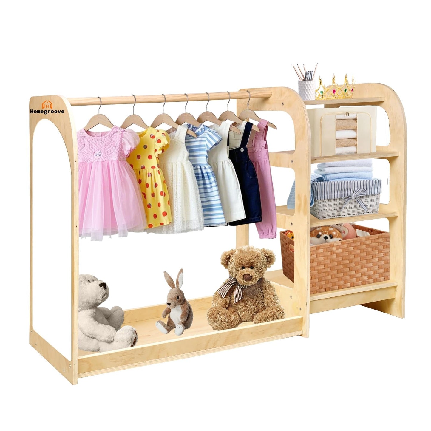 Kids' Dress Up Storage Closet with Mirror, 31.5 Inch Kids Wardrobe Closet with Shelves for Girls and Boys, Wooden Costume Organizer for Bedroom, Classroom, Playroom