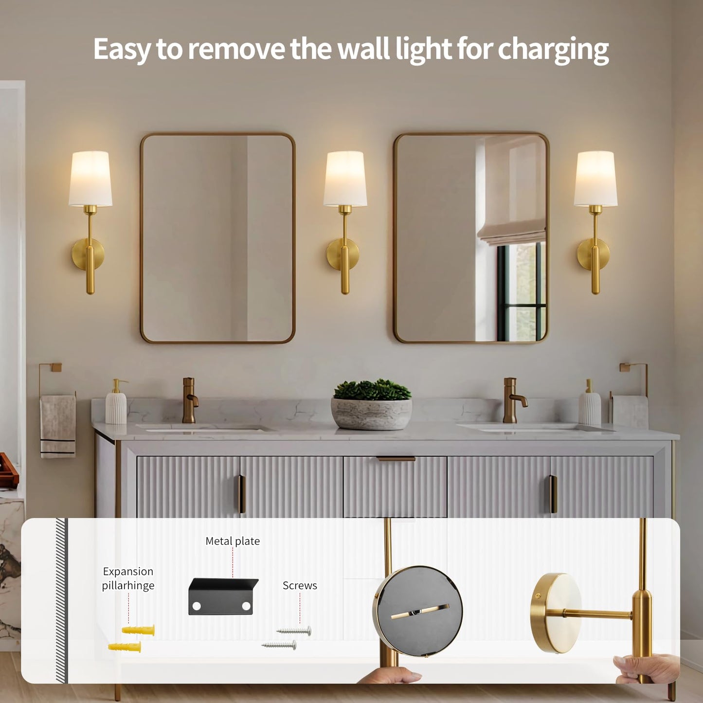 Powfloven Gold Wireless Battery Operated Wall Sconce Set of 2, Cordless Battery Powered Wall Lights with Remote, Dimmable Rechargeable Wall Lamp Decor in Door for Bedroom Living Room, 5000mAH