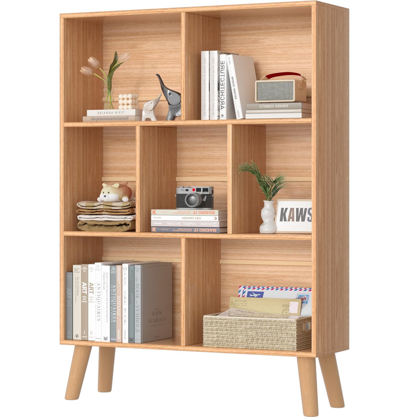 LEYAOYAO 7 Cube Bookshelf, 3 Tier Modern Bookcase with Legs, Mid-Century Modern Wood Book Shelves Storage, Boho Natural Book Case, Freestanding Organizer Display Shelf for Bedroom,Living Room,Office
