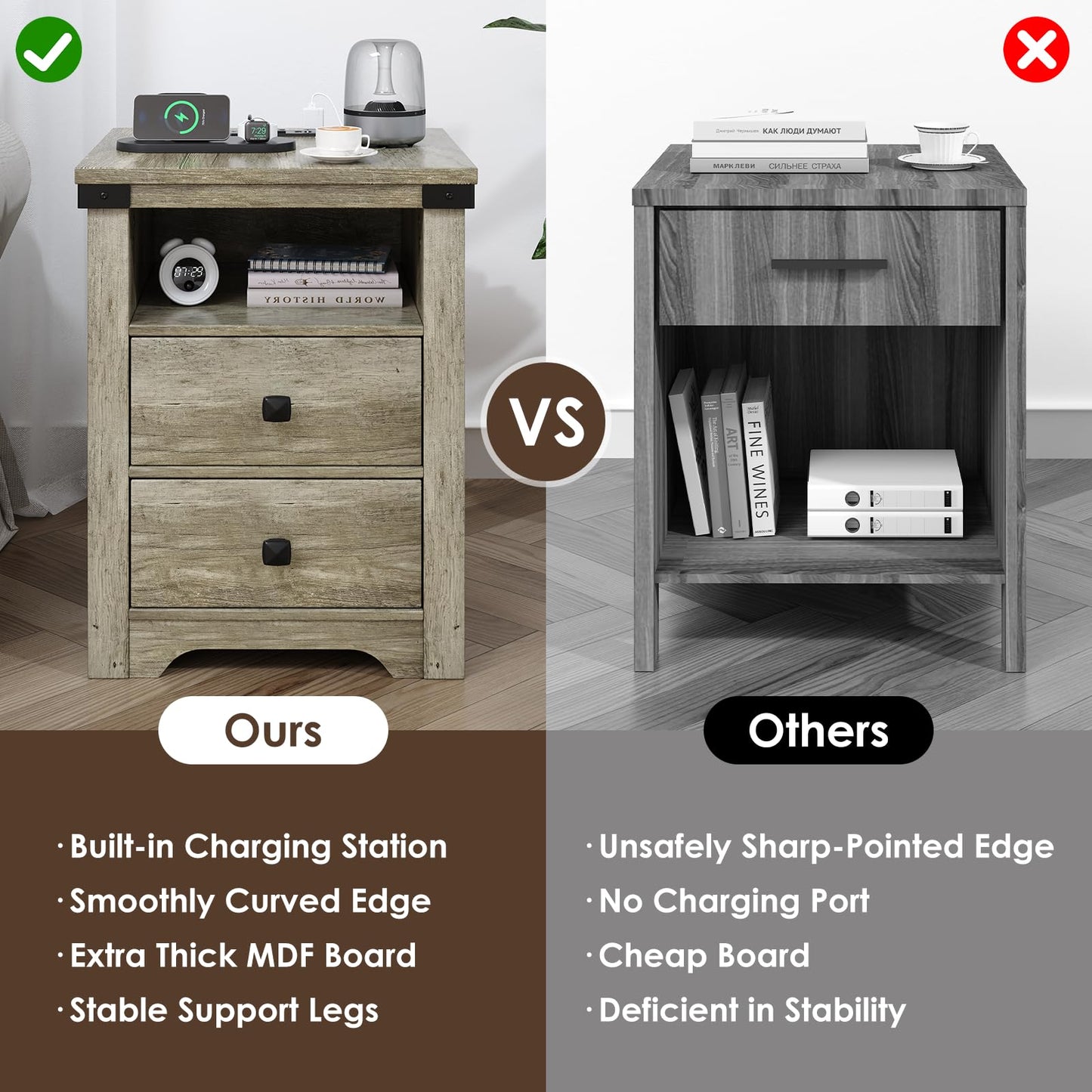 RexTact Farmhouse Nightstand with LED Lights and Built-in Power Outlets & USB Ports,17.7"D x 17.7"W Bedside Table with 2 Drawers and Open Storage Shelf, End Table for Bedroom,Home Study Storage,Gray