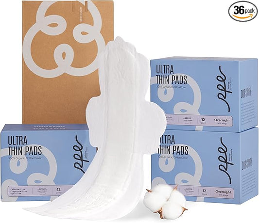 100% Organic Overnight Pads for Women, Ultra Thin Extra Heavy Flow Menstrual Sanitary Napkins with Wings Cotton Extra Coverage Period-Pads Super Absorbency Feminine Pad (Overnight, Size 5, 36 Ct)