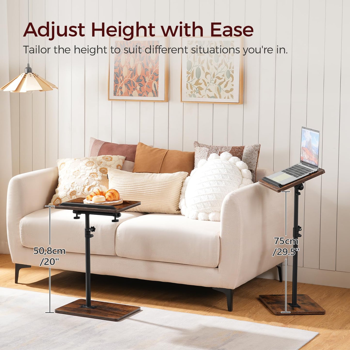 MAHANCRIS TV Tray Table, Sofa Armrest Tray Table for Couch, 360° Swivel Height Adjustable End Table, Snack Side Table with Phone and Tablet Slot, Rustic Brown ETRB4501