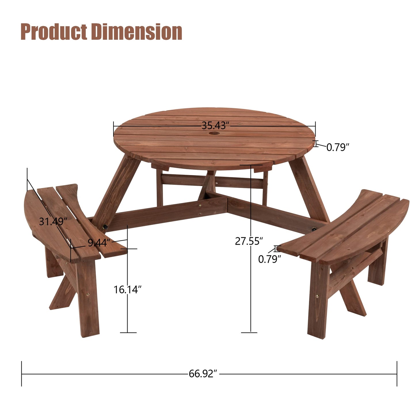 SSLine 6-Person Solid Wood Picnic Table Outdoor Round Picnic Table and Bench Set with Umbrella Hole Outside Wooden Table and Chairs Set for Patio Backyard Garden Lawn (Dark Brown)