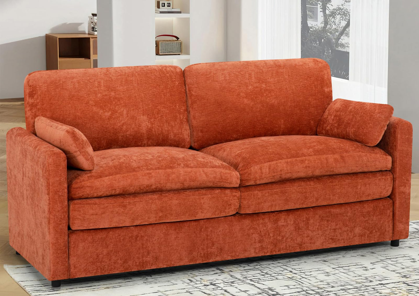 Lesofair 69" Chenille Modern Couch with Cozy & Soft Backrests, 2 Seats Sofa with 2 Extra Pillows, Comfy Upholstered Sofa with Thicker Cushions for Living Room, Office, Orange