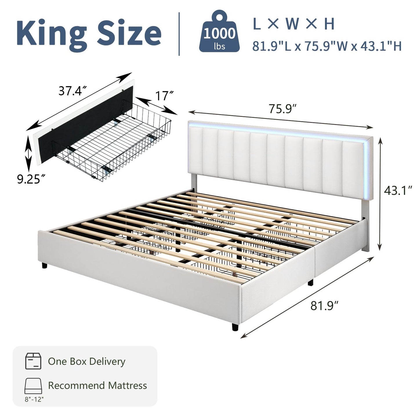 IMMERSTABLE King Bed Frames with 4 Drawers, Bed Frame King Size with LED Lights, Upholstered Bed Frame King Size and Headboard, No Box Spring Needed, Noise-Free, Easy Assembly, White